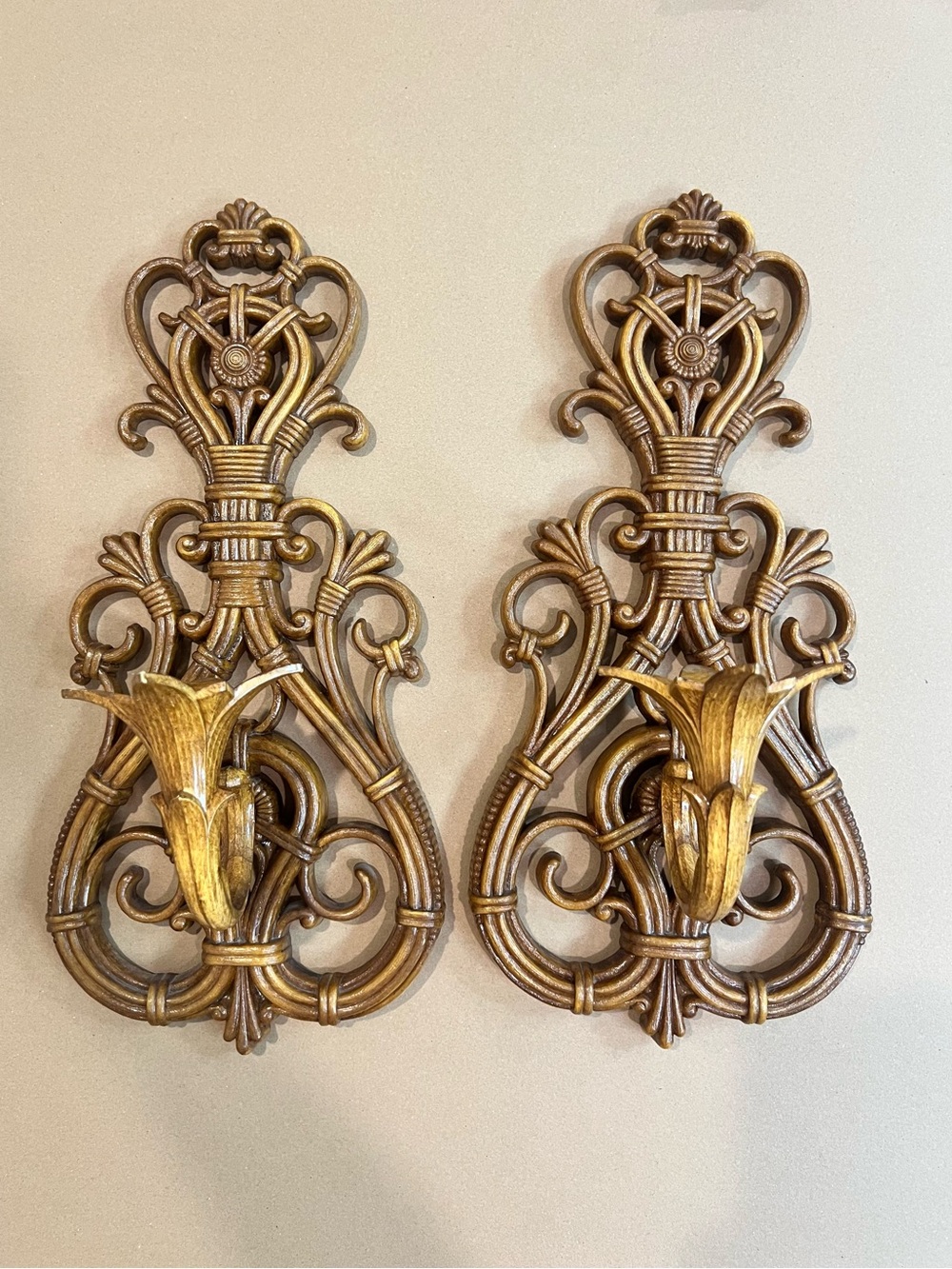 Vintage Hollywood Regency Gold Wall Candle Sconces Pair Ornate Syroco Style